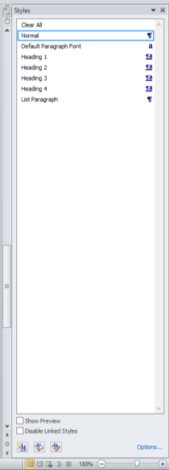 Styles task pane displayed in Microsoft Word.
